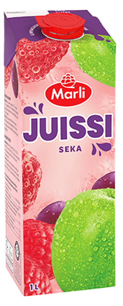 A 1-liter carton of Marli Juissi Seka juice featuring images of raspberries and a green apple with water droplets.