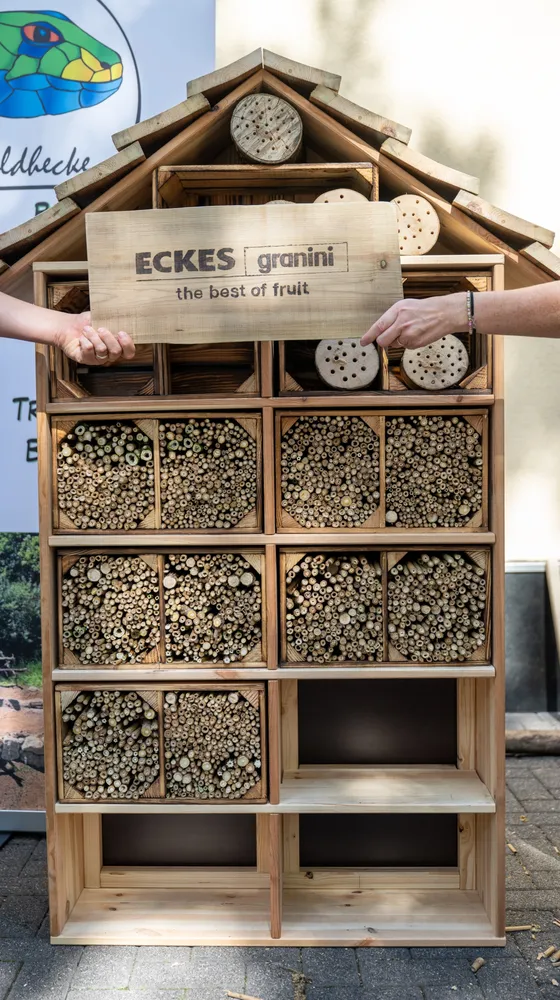Wooden insect hotel with compartments filled with bamboo sticks, held by two hands displaying a branded plank.
