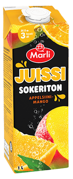 A carton of Marli Juissi Sokeriton juice, featuring orange and mango flavors. The packaging shows vibrant fruit images and bubbles.