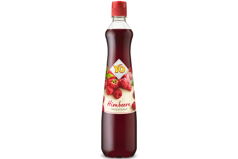A bottle of YO syrup with raspberry flavour