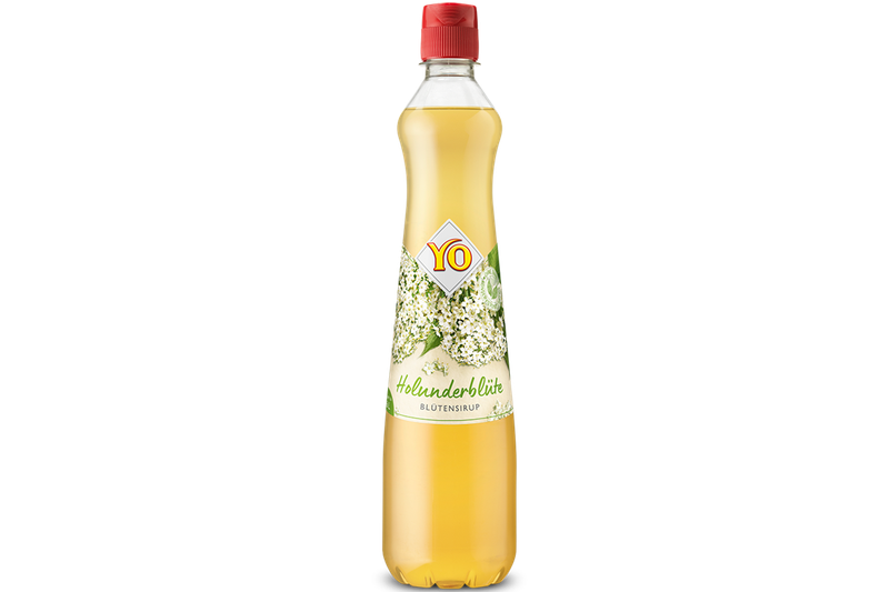 A bottle of YO syrup with elderflower flavour