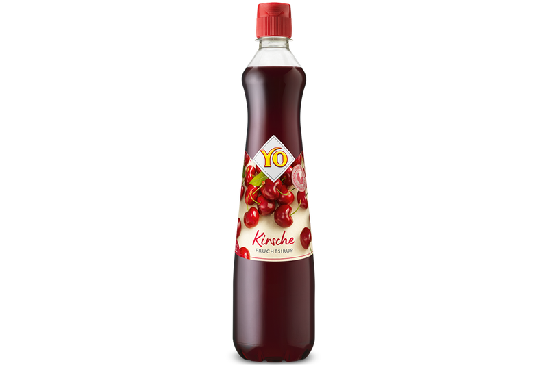 A bottle of YO syrup with cherry flavor