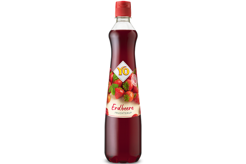 A bottle of YO syrup with strawberry flavour