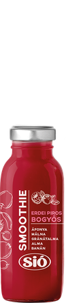 Red smoothie bottle with silver cap, labeled "SMOOTHIE" and "ERDEI PIROS BOGYÓS," featuring berry illustrations and the brand "Sió."