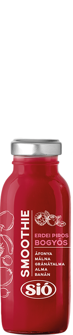 A red smoothie bottle with a silver cap, labeled "Smoothie" and "Erdei Piros Bogyós," featuring images of berries on the side.