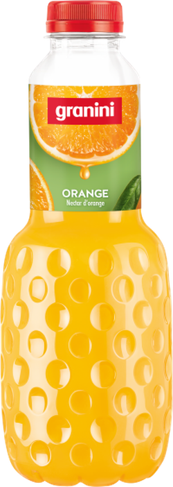 Plastic bottle of Granini orange nectar with red cap, featuring an orange slice on the label.