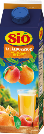 Carton of Sió fruit juice featuring images of peaches, oranges, and a glass of juice, with a blue cap and colorful label.