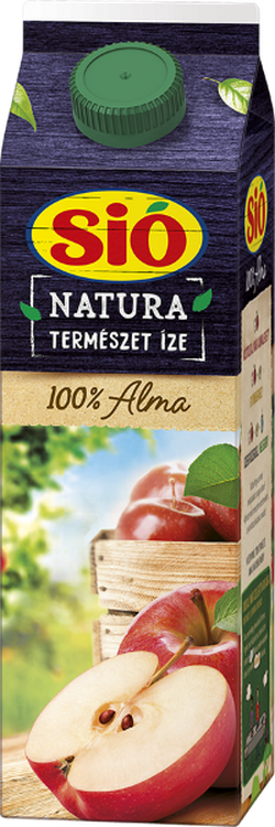 A carton of Sió Natura apple juice with images of fresh apples and a wooden crate, labeled "100% Alma" and "Természet Íze."