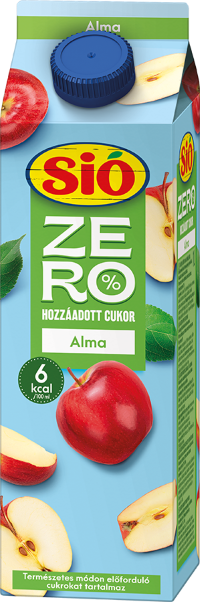 Blue carton of Sió Zero apple juice with images of red apples. Text indicates no added sugar and 6 kcal per 100 ml.