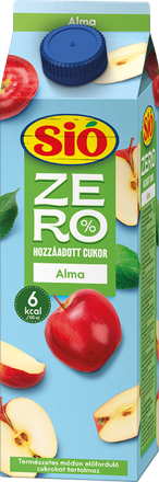 Blue carton of Sió Zero apple juice with images of red apples. Text indicates no added sugar and 6 kcal per 100 ml.