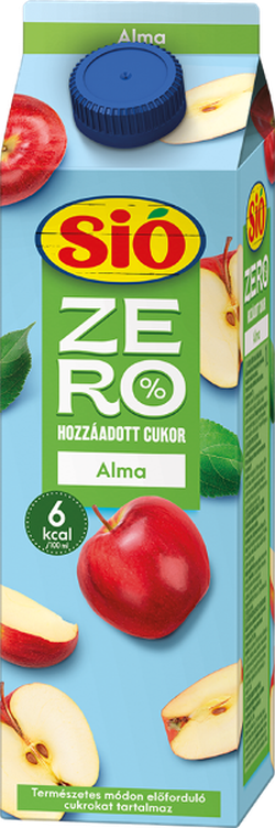 Blue carton of Sió Zero apple juice with images of red apples. Text indicates no added sugar and 6 kcal per 100 ml.