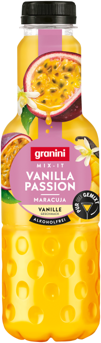 A bottle of Granini Vanilla Passion Maracuja drink with vanilla flowers and passion fruits on the label.