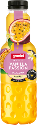 A bottle of Granini Vanilla Passion Maracuja drink with vanilla flowers and passion fruits on the label.