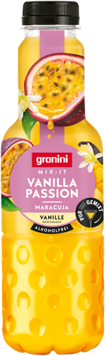A bottle of Granini Vanilla Passion Maracuja drink with vanilla flowers and passion fruits on the label.
