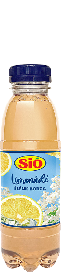 A plastic bottle of Sió lemonade with elderflower flavor, featuring a blue cap and a label with lemons and elderflowers.