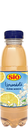 A plastic bottle of Sió lemonade with elderflower flavor, featuring a blue cap and a label with lemons and elderflowers.