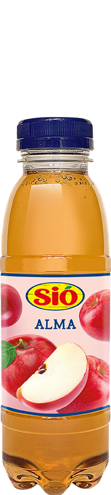 Clear plastic bottle with orange apple juice, blue cap, and label featuring red apples and "Sió Alma" text.