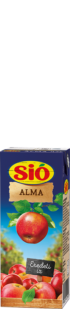 Juice carton with Sió logo, the word "Alma," and an image of apples with leaves on a blue sky background.