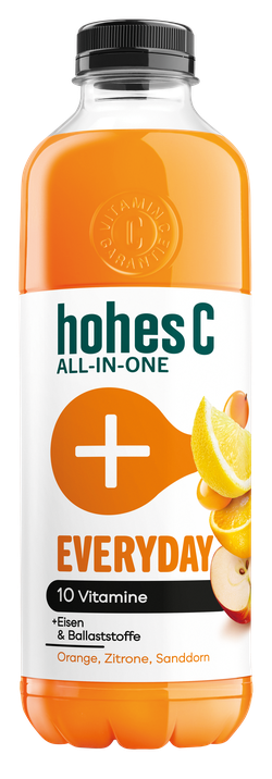 Front-facing packshot of a transparent plastic bottle containing an orange-colored liquid, with a black screw cap. The white label reads “hohes C ALL-IN-ONE + EVERYDAY” and features a large orange plus symbol, citrus fruit illustrations, and text indicating “10 Vitamine,” “6 Mineralstoffe,” and “Orange-Zitrone-Sanddorn.”
