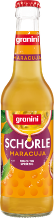 A bottle of Granini Schorle Maracuja, featuring a vibrant label with passion fruit imagery, and text stating "fruchtig spritzig".