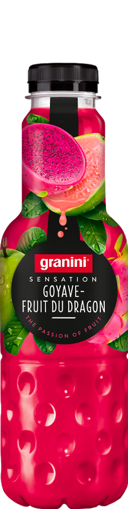 A bottle of Granini Sensation juice with a label showing guava and dragon fruit, featuring vibrant pink liquid and fruit imagery.