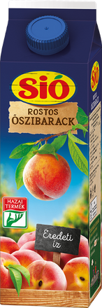 Sió Rostos Öszibarack with images of peaches, a "Hazai Termék" label, and the text "Rostos Őszibarack" on the front.