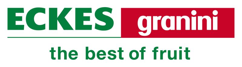 Logo of Eckes-Granini. The word 'ECKES' appears in bold green uppercase letters, followed by 'granini' in bold white lowercase letters inside a red rectangular box. Below the logo, a green horizontal line separates the main text from the slogan 'the best of fruit' written in green lowercase letters.