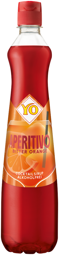 Red bottle of YO Aperitivo Bitter Orange, a non-alcoholic cocktail syrup. Features orange slices and a straw design on its label.