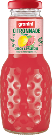 A bottle of granini citronnade, featuring lemon and watermelon, with a textured pattern and red liquid inside.