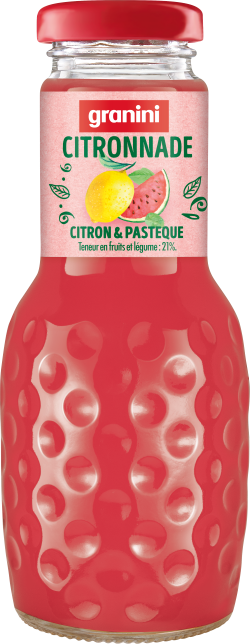 A bottle of granini citronnade, featuring lemon and watermelon, with a textured pattern and red liquid inside.