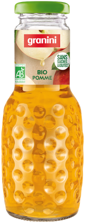 A bottle of Granini organic apple juice with a textured surface, green cap, and labels indicating "Bio Pomme" and "Sans Sucres Ajoutés."