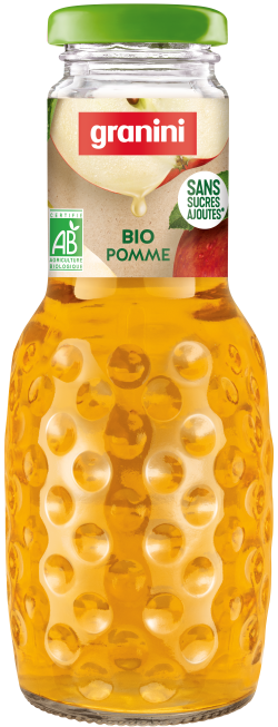 A bottle of Granini organic apple juice with a textured surface, green cap, and labels indicating "Bio Pomme" and "Sans Sucres Ajoutés."