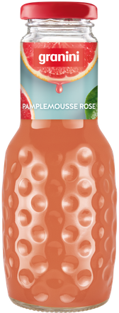 A textured glass bottle with a red cap containing pink grapefruit juice labeled "Granini Pamplemousse Rose."
