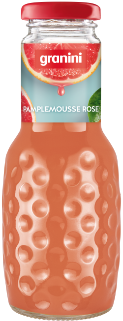 A textured glass bottle with a red cap containing pink grapefruit juice labeled "Granini Pamplemousse Rose."