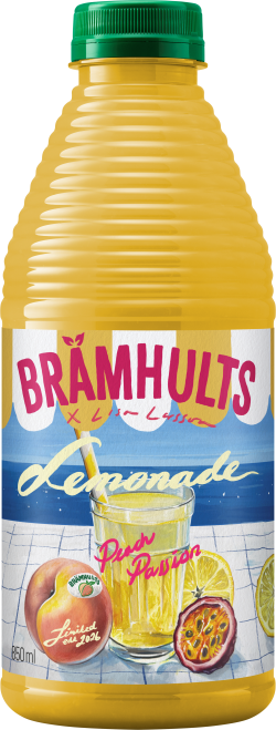 A bottle of Brämhults Lemonade with peach and passion fruit flavor, showing a tropical beach design on the label.