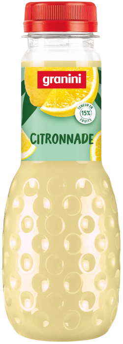 Clear bottle of Granini citronnade with a red cap, featuring a lemon design and labeled as containing 15% lemon juice.