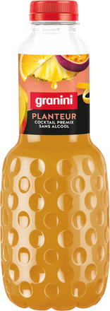 Bottle of Granini Planteur non-alcoholic cocktail premix with fruit illustrations and a red cap.
