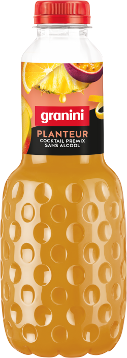 Bottle of Granini Planteur non-alcoholic cocktail premix with fruit illustrations and a red cap.