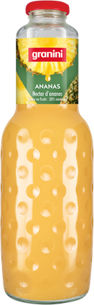 A bottle of Granini pineapple nectar with a textured design, featuring a label with pineapple imagery and text in French.