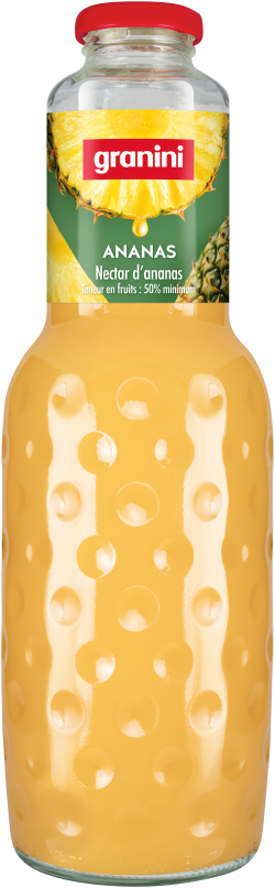 A bottle of Granini pineapple nectar with a textured design, featuring a label with pineapple imagery and text in French.