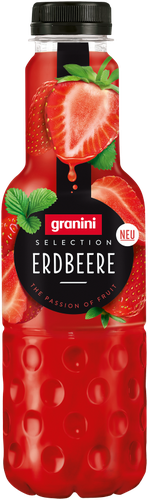 Bottle of Granini Erdbeere strawberry juice with vivid red packaging, strawberry images, and a black cap. Text reads "The Passion of Fruit" and "Neu."