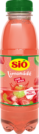 A bottle of Lemonade Sió Lime-Eper with lime and strawberry flavor, featuring a green cap and vibrant fruit images on the label.