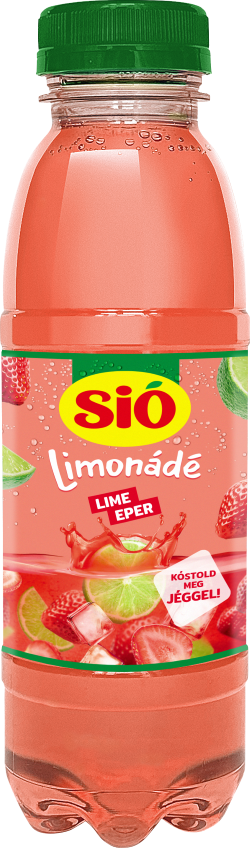 A bottle of Sió Limonádé Lime-Eper with lime and strawberry flavor, featuring a green cap and vibrant fruit images on the label.