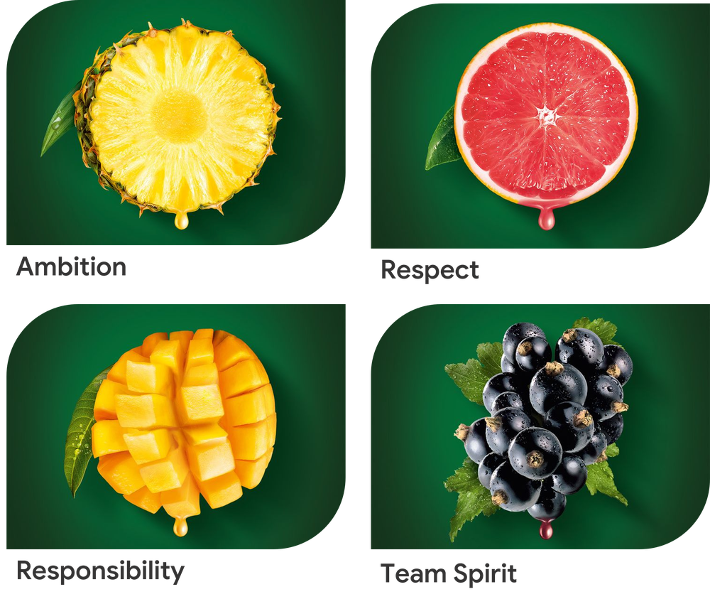 Sliced pineapple, grapefruit, mango, and blackcurrants on green backgrounds with labels: Ambition, Respect, Responsibility, Team Spirit.