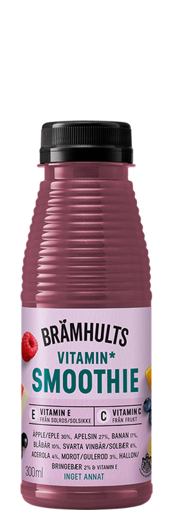 A bottle of Brämhults Vitamin Smoothie with fruits on the label, highlighting vitamin E and C content.