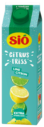 Carton of Sió Citrus Friss Lime-Citrom lime juice, featuring lime slices and water droplets on a teal background with Hungarian text.