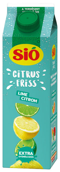 Carton of Sió Citrus Friss Lime-Citrom lime juice, featuring lime slices and water droplets on a teal background with Hungarian text.