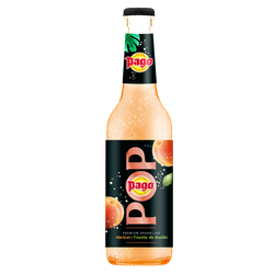 A bottle of Pago Pop premium sparkling drink, apricot basil flavor, with bubbles visible inside and a black label featuring apricot images.