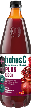 hohes C Plus Eisen Bottle with dark red apple, pomegranate and raspberry juice in a brown plastic bottle