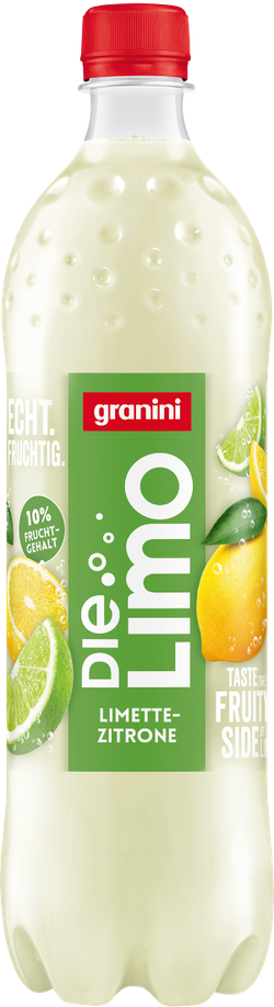 Bottle of Granini Die Limo, Limette-Zitrone flavor, with lime and lemon images on the label, red cap, and green branding.